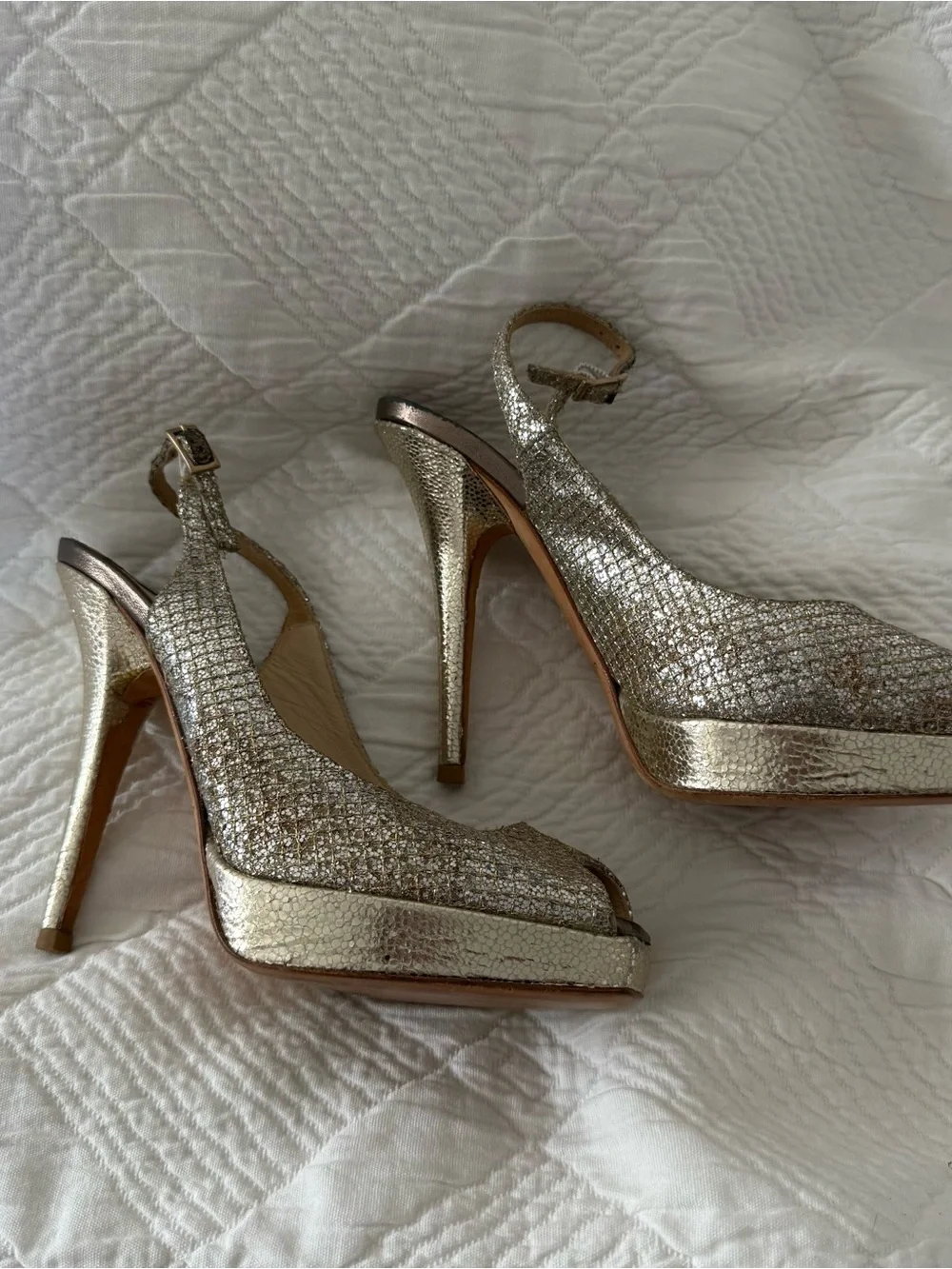 Jimmy Choo Nova Silver Metallic Gold Glitter Slingback Platform Heels EU 35